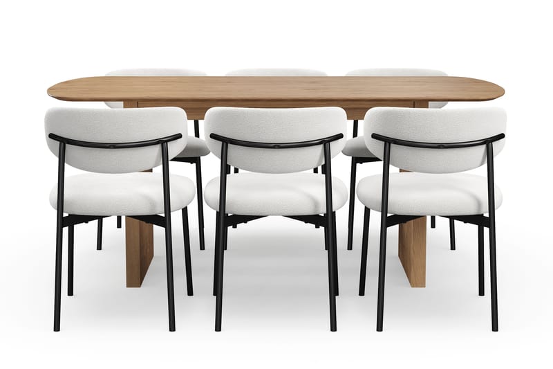 Richeto Spisebord 180 cm med 6 Lucy Spisestole - Naturlig finish / Hvid Bouclé / Metalben Sort - Møbler - Borde - Spisebordssæt