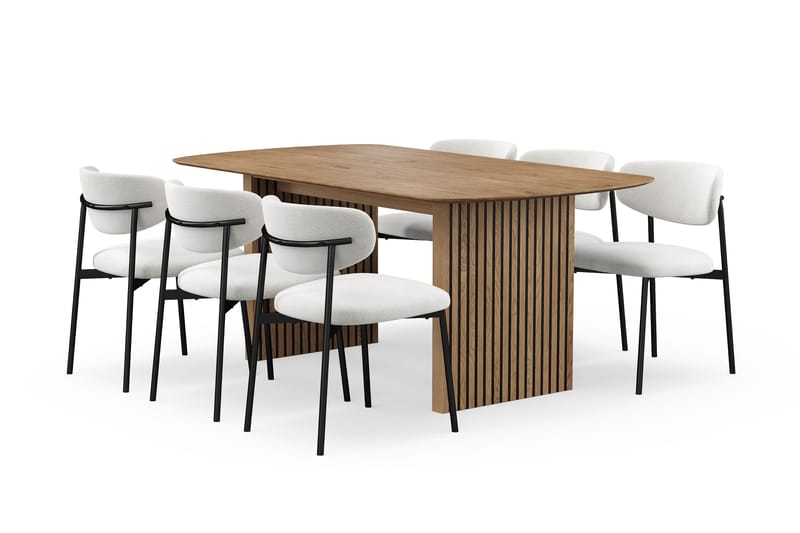 Richeto Spisebord 180 cm med 6 Lucy Spisestole, Naturlig finish / Hvid Bouclé / Metalben Sort
