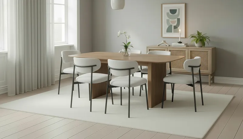 Richeto Spisebord 180 cm med 6 Lucy Spisestole - Naturlig finish / Hvid Bouclé / Metalben Sort - Møbler - Borde - Spisebordssæt