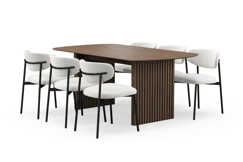 Richeto Spisebord 180 cm med 6 Lucy Spisestole, Røget eg / Hvid Bouclé