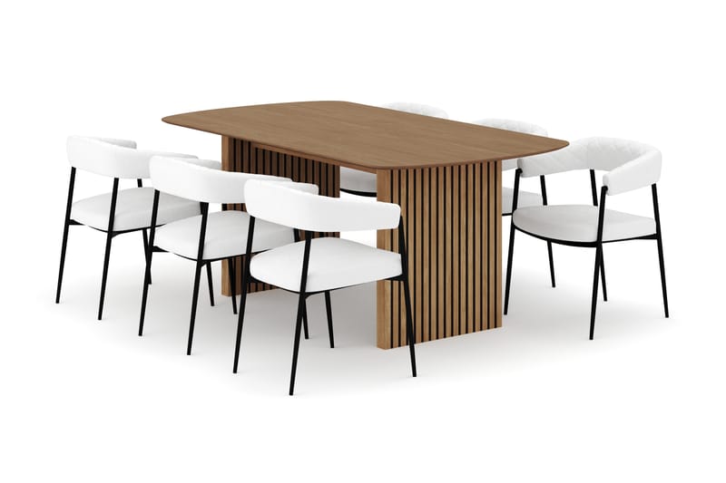 Richeto Spisebord 180 cm med 6 Velma Spisestole, Naturlig finish / Hvid Bouclé