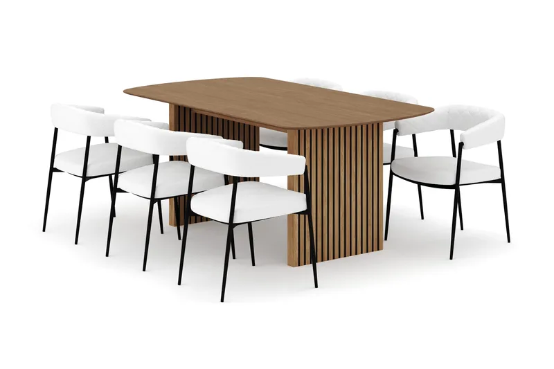 Richeto Spisebord 180 cm med 6 Velma Spisestole, Naturlig finish / Hvid Bouclé
