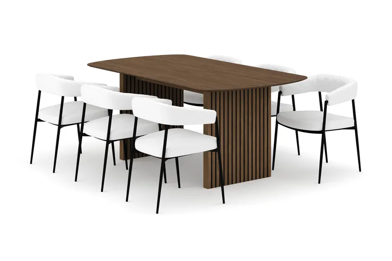 Richeto Spisebord 180 cm med 6 Velma Spisestole, Røget eg / Hvid Bouclé