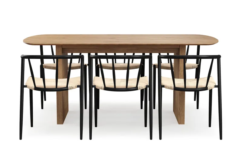 Richeto spisebord 180 cm med 6 Winston spisebordsstole - Naturlig finish / Beige / Metalben Sort - Møbler - Borde - Spisebordssæt