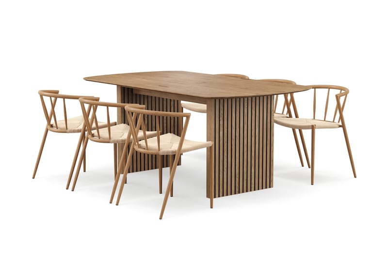 Richeto Spisebord 180 cm med 6 Winston Spisestole, Naturlig finish / Beige / Metalben Eg