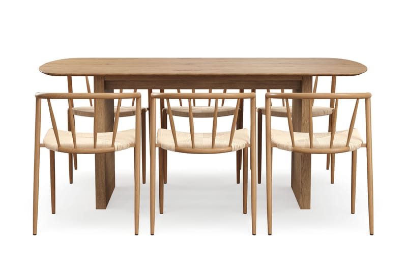 Richeto Spisebord 180 cm med 6 Winston Spisestole - Naturlig finish / Beige / Metalben Eg - Møbler - Borde - Spisebordssæt