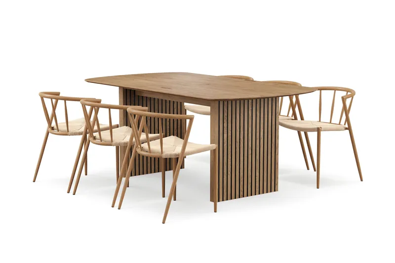 Richeto Spisebord 180 cm med 6 Winston Spisestole, Naturlig finish / Beige / Metalben Eg