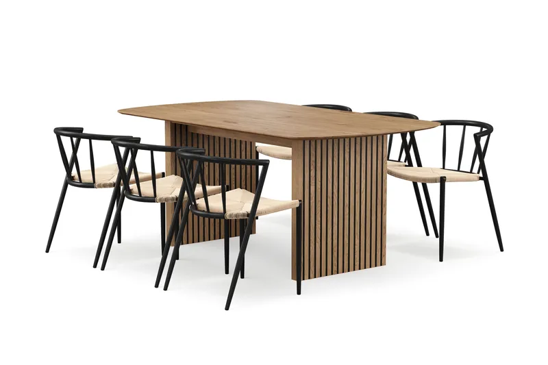 Richeto Spisebord 180 cm med 6 Winston Spisestole, Naturlig finish / Beige / Metalben Sort