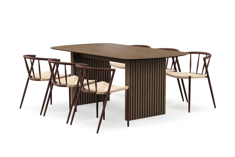 Richeto Spisebord 180 cm med 6 Winston Spisestole, Røget eg / Beige / Metalben Røget eg