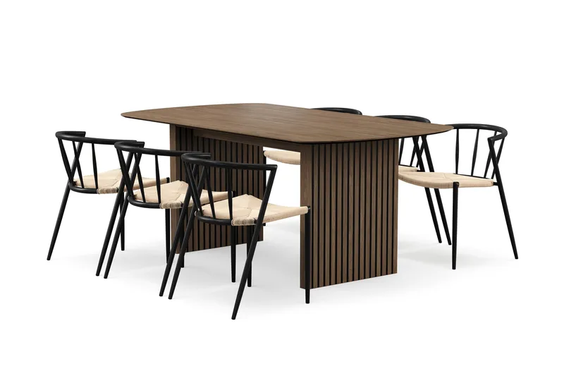 Richeto Spisebord 180 cm med 6 Winston Spisestole, Røget eg / Beige / Metalben Sort