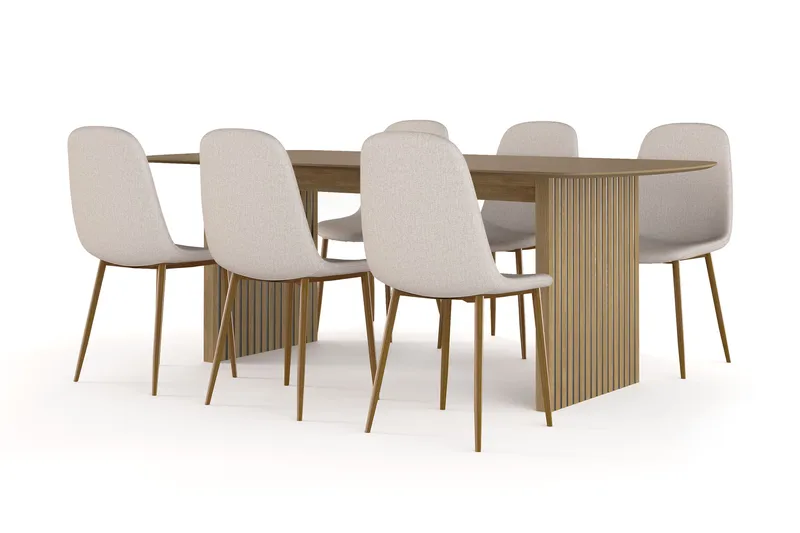 Richeto Spisebord 210 cm eg + 6 stk Nibe stol beige med egetræben, Natur/Beige