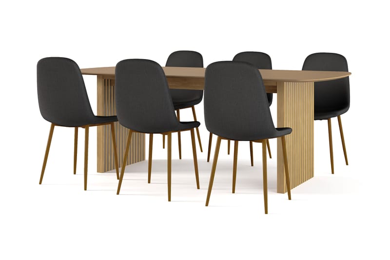 Richeto Spisebord 210 cm eg + 6 stk Nibe stol sort med egetræben, Natur/Sort