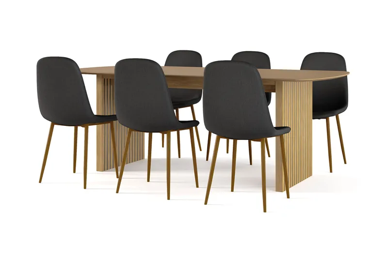 Richeto Spisebord 210 cm eg + 6 stk Nibe stol sort med egetræben, Natur/Sort