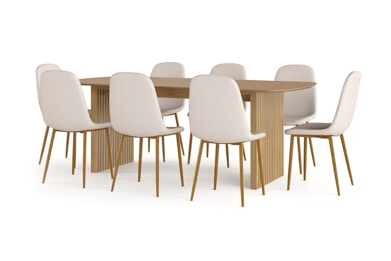 Richeto Spisebord 210 cm eg + 8 stk Nibe stol beige med egetræben, Natur/Beige