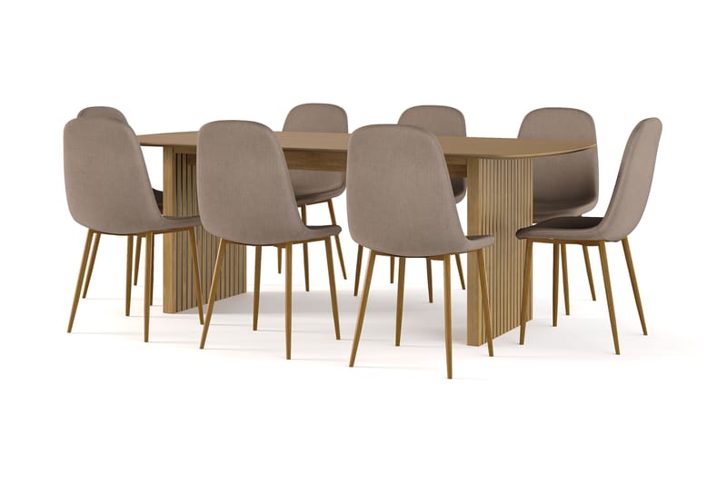 Richeto Spisebord 210 cm eg + 8 stk Nibe stol brun med egetræben, Natur/Brun