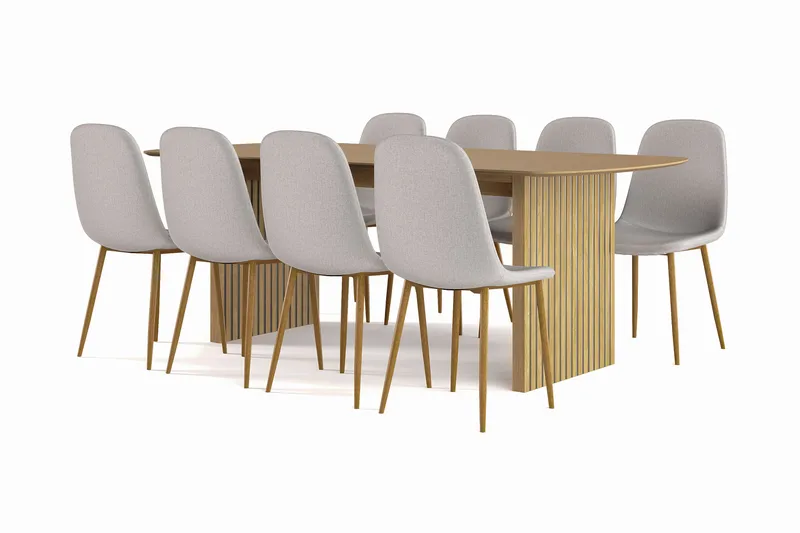Richeto spisebord 210 cm eg + 8 stk. Nibe stol grå med egeben, Natur/Grå