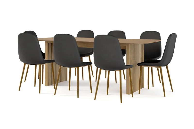 Richeto Spisebord 210 cm eg + 8 stk Nibe stol sort med egetræben, Natur/Sort
