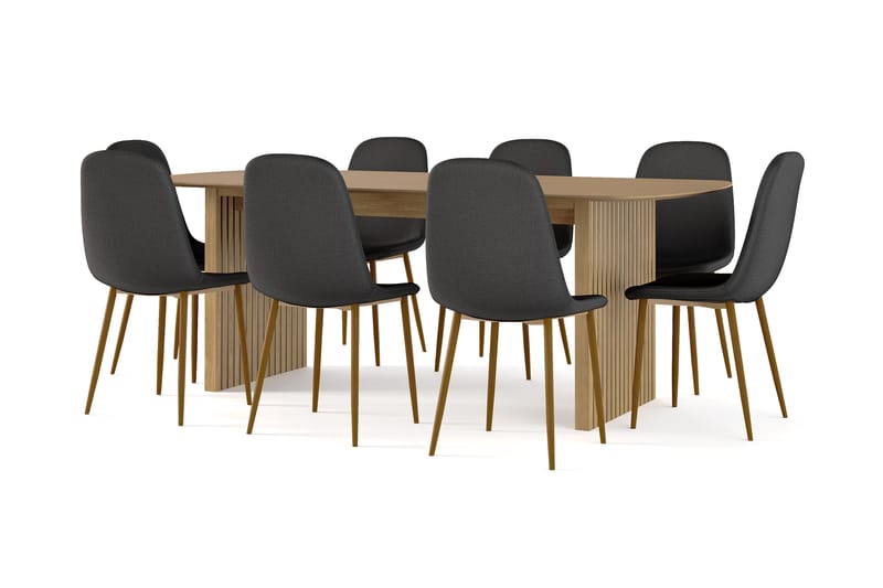 Richeto Spisebord 210 cm eg + 8 stk Nibe stol sort med egetræben, Natur/Sort