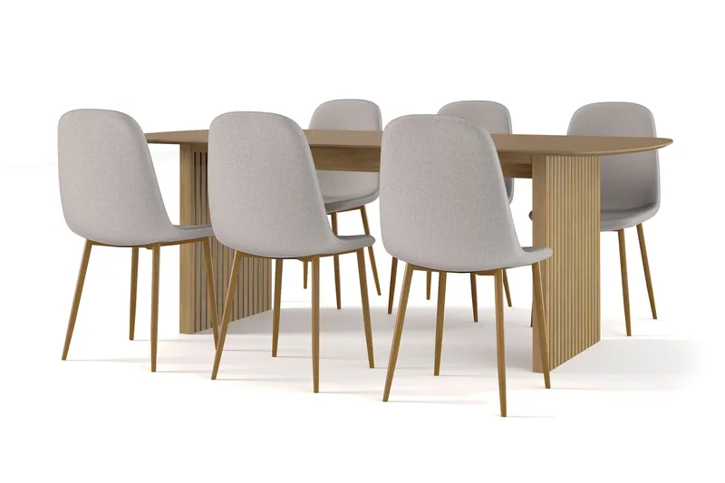 Richeto spisebord 210 cm eg + 6 stk. Nibe stol grå med egeben, Natur/Grå