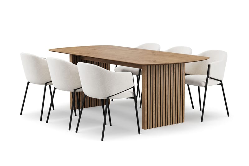 Richeto Spisebord 210 cm med 6 Filip Spisestole, Naturlig finish / Hvid Bouclé