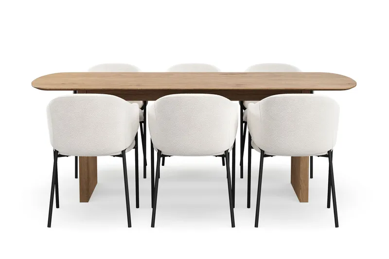 Richeto Spisebord 210 cm med 6 Filip Spisestole - Naturlig finish / Hvid Bouclé - Møbler - Borde - Spisebordssæt