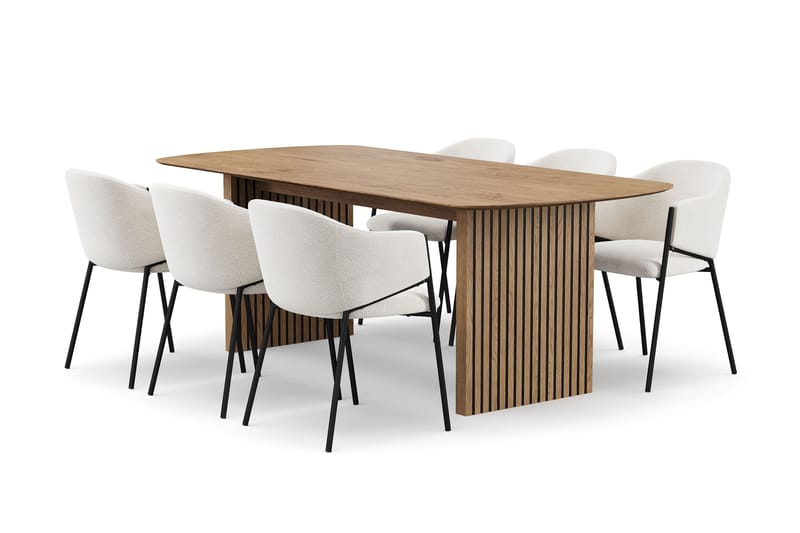 Richeto Spisebord 210 cm med 6 Filip Spisestole, Naturlig finish / Hvid Bouclé