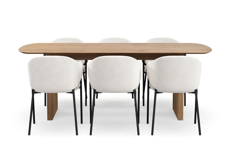 Richeto Spisebord 210 cm med 6 Filip Spisestole - Naturlig finish / Hvid Bouclé - Møbler - Borde - Spisebordssæt