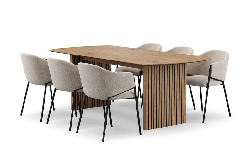 Richeto Spisebord 210 cm med 6 Filip Spisestole, Naturlig finish / Taupe Bouclé