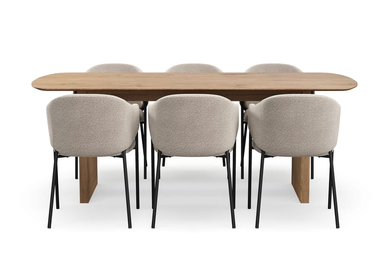 Richeto Spisebord 210 cm med 6 Filip Spisestole - Naturlig finish / Taupe Bouclé - Møbler - Borde - Spisebordssæt