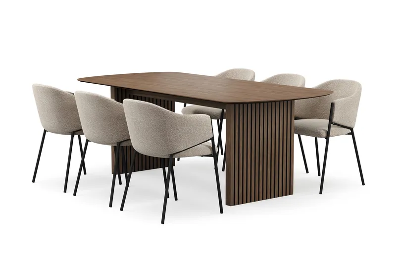 Richeto Spisebord 210 cm med 6 Filip Spisestole, Røget eg / Taupe Bouclé