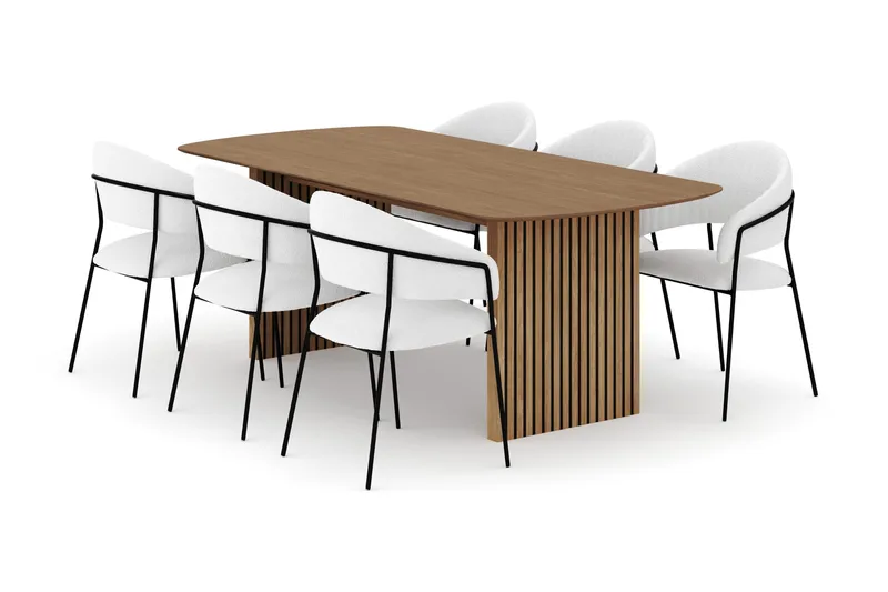Richeto Spisebord 210 cm med 6 Karol Spisestole, Naturlig finish / Hvid Bouclé
