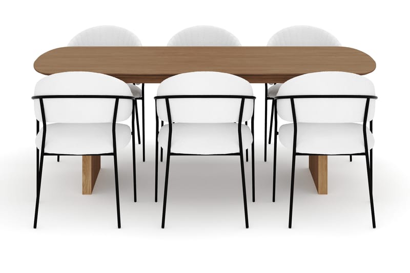 Richeto Spisebord 210 cm med 6 Karol Spisestole - Naturlig finish / Hvid Bouclé - Møbler - Borde - Spisebordssæt