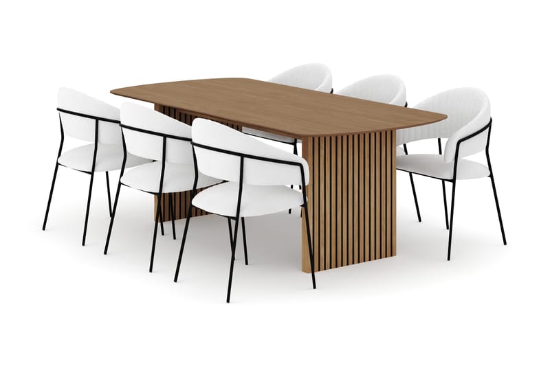 Richeto Spisebord 210 cm med 6 Karol Spisestole, Naturlig finish / Hvid Bouclé