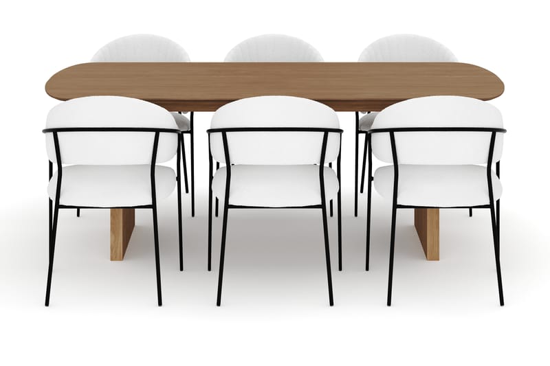 Richeto Spisebord 210 cm med 6 Karol Spisestole - Naturlig finish / Hvid Bouclé - Møbler - Borde - Spisebordssæt