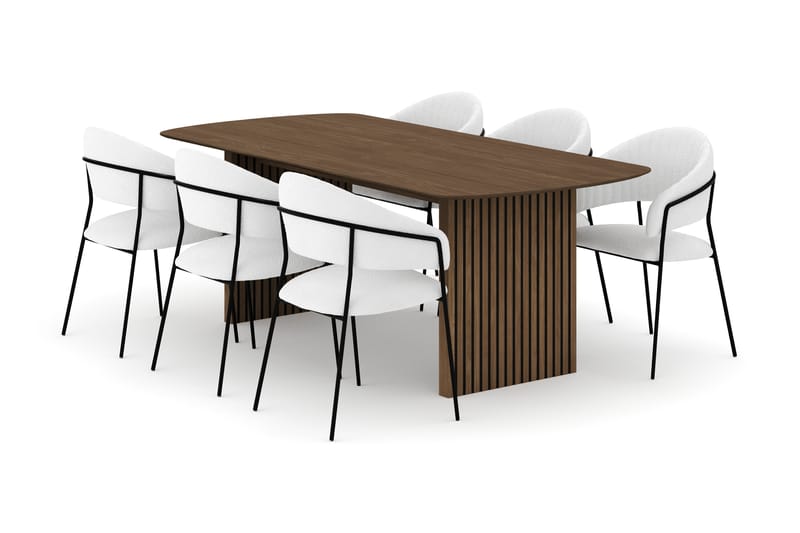 Richeto Spisebord 210 cm med 6 Karol Spisestole, Røget eg / Hvid Bouclé