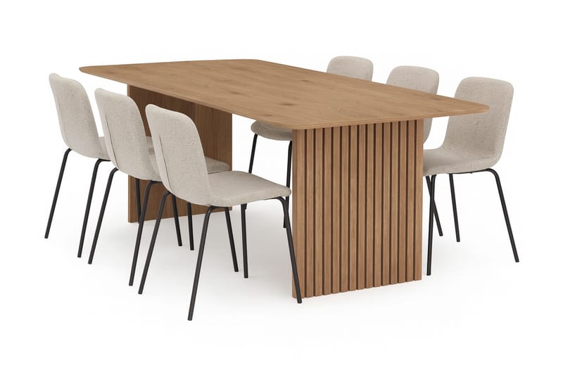 Richeto Spisebord 210 cm med 6 Katy Spisestole, Naturlig finish / Greige Bouclé / Metalben Sort