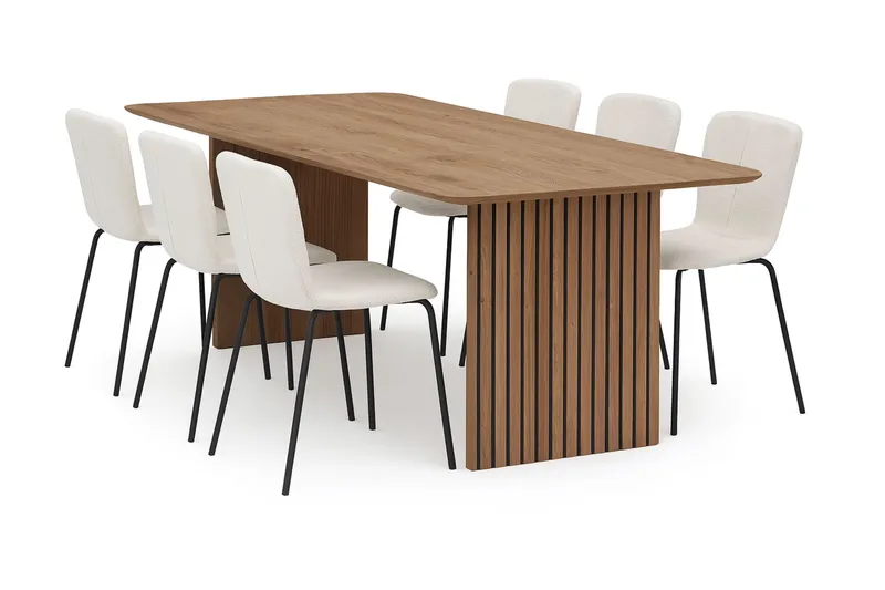 Richeto Spisebord 210 cm med 6 Katy Spisestole, Naturlig finish / Hvid Bouclé / Metalben Sort