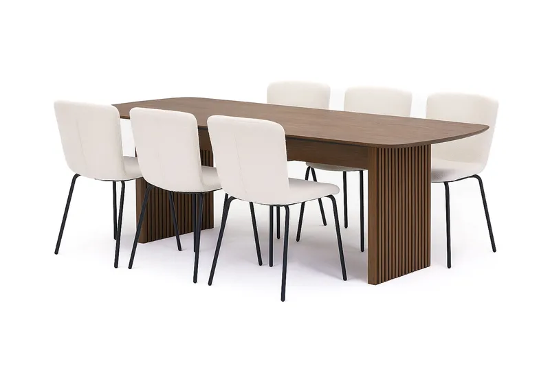 Richeto Spisebord 210 cm med 6 Katy Spisestole, Røget eg / Hvid Bouclé