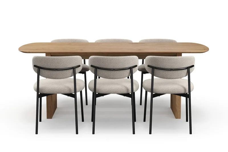 Richeto Spisebord 210 cm med 6 Lucy Spisestole - Naturlig finish / Greige Bouclé / Metalben Sort - Møbler - Borde - Spisebordssæt