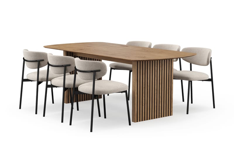 Richeto Spisebord 210 cm med 6 Lucy Spisestole, Naturlig finish / Greige Bouclé / Metalben Sort