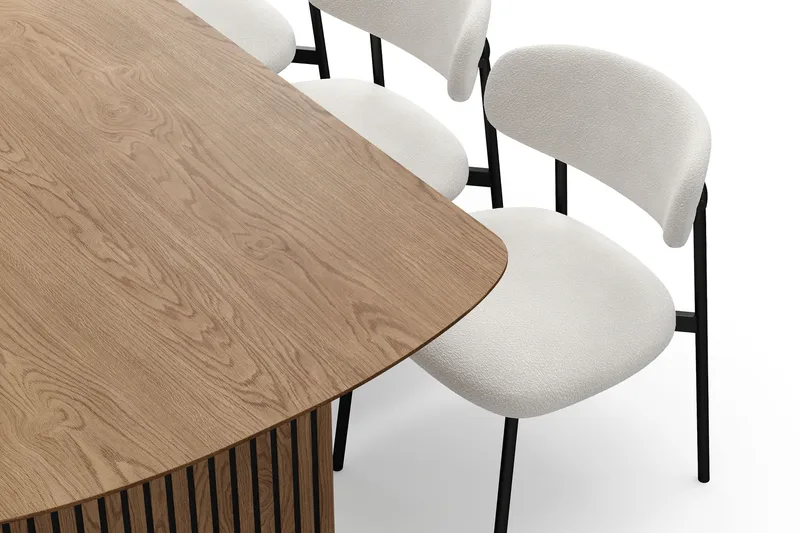 Richeto Spisebord 210 cm med 6 Lucy Spisestole - Naturlig finish / Hvid Bouclé / Metalben Sort - Møbler - Borde - Spisebordssæt