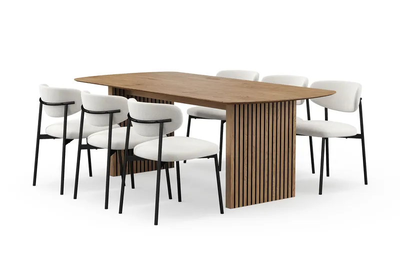 Richeto Spisebord 210 cm med 6 Lucy Spisestole, Naturlig finish / Hvid Bouclé / Metalben Sort