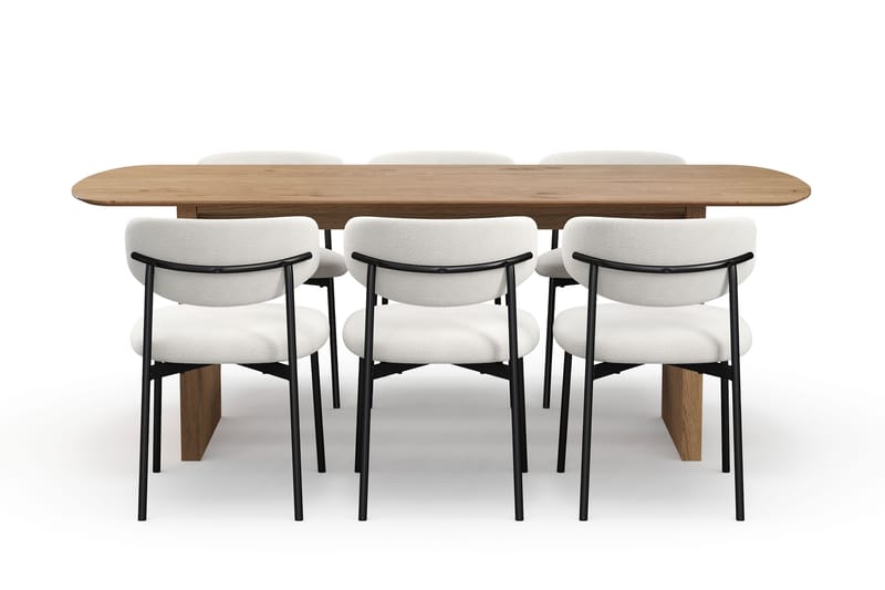 Richeto Spisebord 210 cm med 6 Lucy Spisestole - Naturlig finish / Hvid Bouclé / Metalben Sort - Møbler - Borde - Spisebordssæt