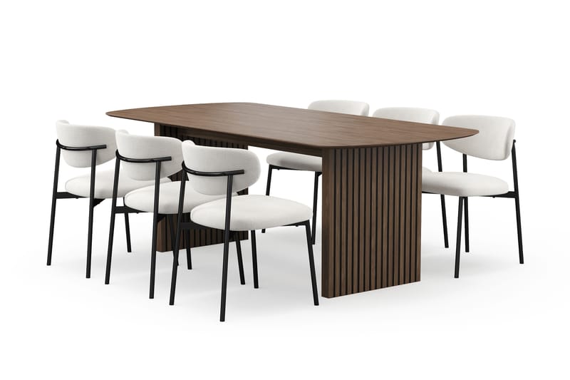 Richeto Spisebord 210 cm med 6 Lucy Spisestole, Røget eg / Hvid Bouclé