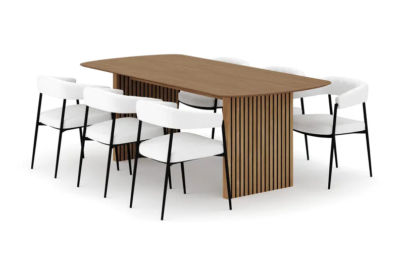 Richeto Spisebord 210 cm med 6 Velma Spisestole, Naturlig finish / Hvid Bouclé