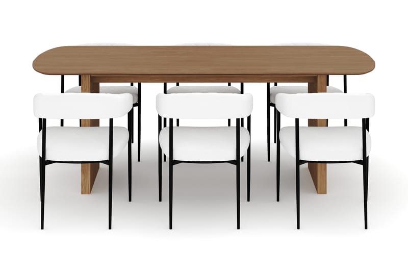 Richeto Spisebord 210 cm med 6 Velma Spisestole - Naturlig finish / Hvid Bouclé - Møbler - Borde - Spisebordssæt