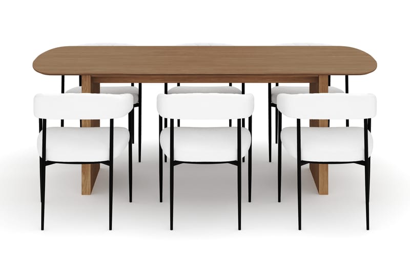 Richeto Spisebord 210 cm med 6 Velma Spisestole - Naturlig finish / Hvid Bouclé - Møbler - Borde - Spisebordssæt