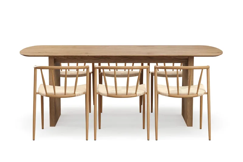 Richeto Spisebord 210 cm med 6 Winston Spisestole - Naturlig finish / Beige / Metalben Eg - Møbler - Borde - Spisebordssæt