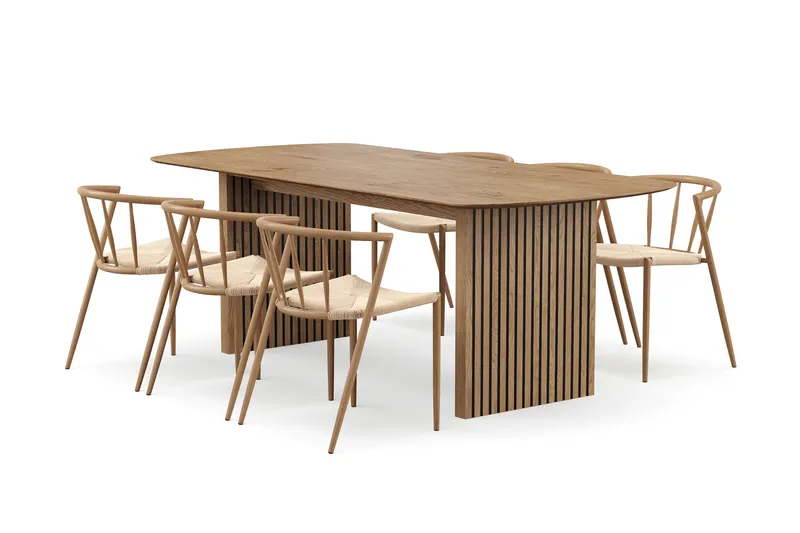 Richeto Spisebord 210 cm med 6 Winston Spisestole, Naturlig finish / Beige / Metalben Eg