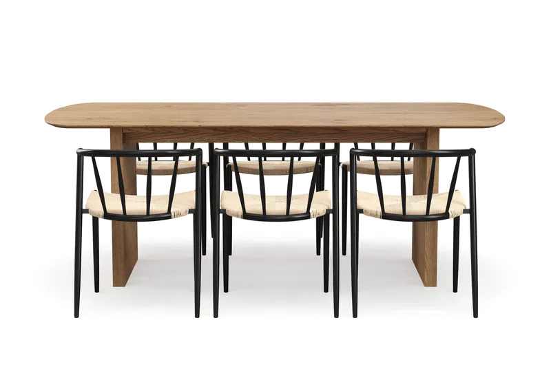 Richeto Spisebord 210 cm med 6 Winston Spisestole - Naturlig finish / Beige / Metalben Sort - Møbler - Borde - Spisebordssæt